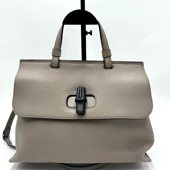 Auth Gucci Gray Top Handle Bamboo Accent 2way Daily Tote Bag Preloved Purse Ex+ - Picture 1 of 16